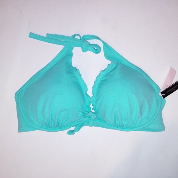 Victoria Secret Swim Bikini Top 40C Aqua Seafoam Glow Ruffle Trim Halter Removab - Picture 2 of 6